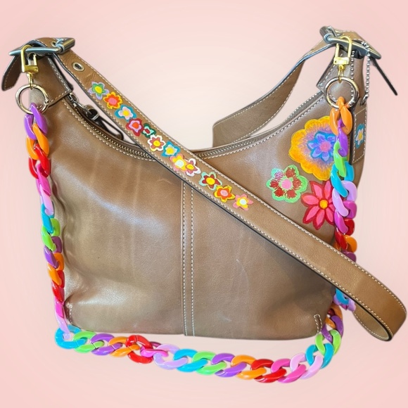 Coach C33-9566 Brown Leather Hobo Hand-Painted Upcycled Retro Floral Bag Art - Picture 2 of 13